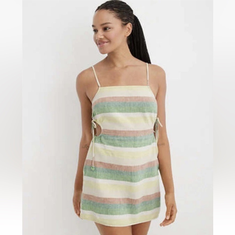 Aerie‎ Linen Blend Cut Out Sides Smocked Striped Mini Dress Size Large NWT